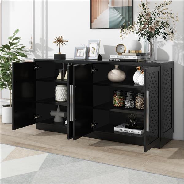 Sideboard with 4 Doors Large Storage Space Buffet Cabinet with Adjustable Shelves and Silver Handles for Kitchen, Dining Room, Living Room (Black)