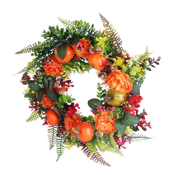 17.71" Autumn Wreath with Pumpkin Mixed Leaves Berries Flowers Fall Decoration for Indoor Outdoor Window Wall Front Door in Halloween Thanks Giving Day