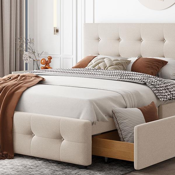 Upholstered Platform Bed with Classic Headboard and 4 Drawers, No Box Spring Needed, Linen Fabric, Queen Size Beige