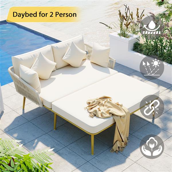 Outdoor Patio Daybed, Woven Nylon Rope Backrest with Washable Cushions for Balcony, Poolside, Set for 2 Person, Beige