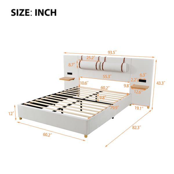 Queen Size Upholstered Platform Bed, Two Outlets and USB Charging Ports on Both Sides, Two Bedside Pillows, Storage Shelves, Beige