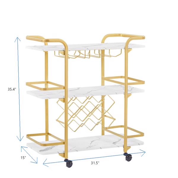 Painted Three-layer Bar Cart, With Wine Rack And Glass Holder, Suitable for Families And Small Gatherings, Gold