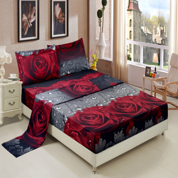 3D Sheet set 4 Pieces Rose Love Romantic Moment Print Sheet Set with Microfiber Fabric and Filling