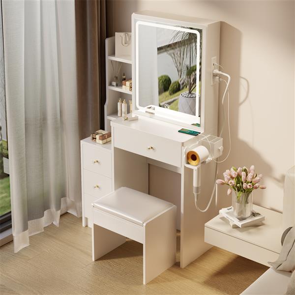 Small Space Left Bedside Cabinet Vanity Table + Cushioned Stool, 2 AC+2 USB Power Station, Hair dryer bracket, Extra Large Touch Control Sliding LED Mirror, Tri-color Switching, Brightness Adjustable