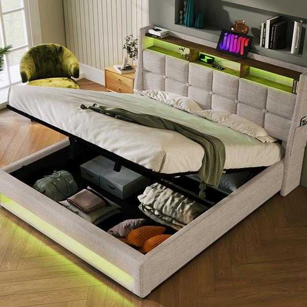 Queen size Upholstered Platform bed with a Hydraulic Storage System, LED and USB Charging, Natural (without mattress)