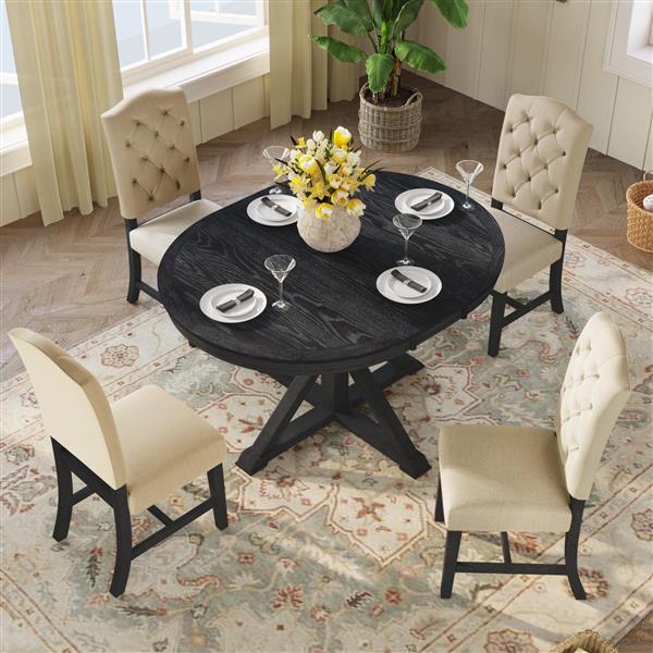 Functional Furniture Retro Style Dining Table Set with Extendable Table and 4 Upholstered Chairs for Dining Room and Living Room(Espresso)