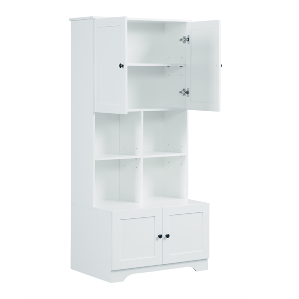 Tall and Wide Bathroom Floor Storage Cabinet, Bathroom Storage Unit, Freestanding Cabinet with 4 Doors, Adjustable Shelves, Open multi-layer Shelves, White 