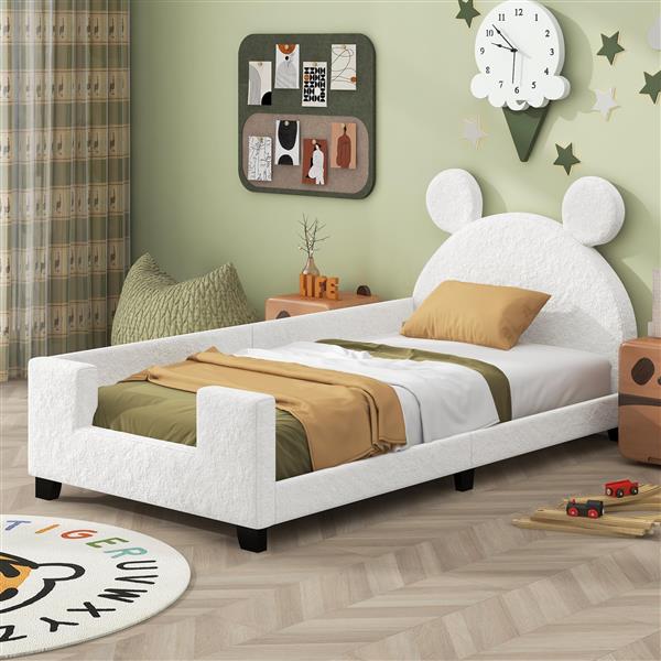 Teddy Fleece Twin Size Upholstered Daybed with Carton Ears Shaped Headboard, White