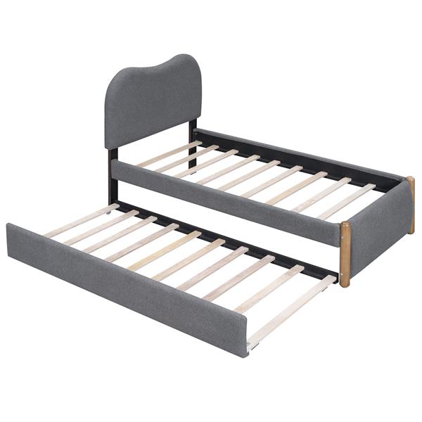 Twin Size Upholstered Platform Bed with Wood Supporting Feet and Twin Size Trundle, Gray