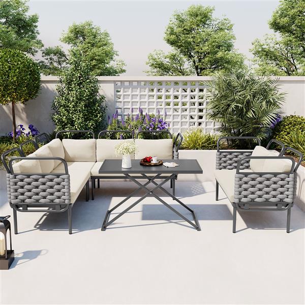 5-Piece Modern Patio Sectional Sofa Set Outdoor Woven Rope Furniture Set with Glass Table and Cushions, Gray+Beige