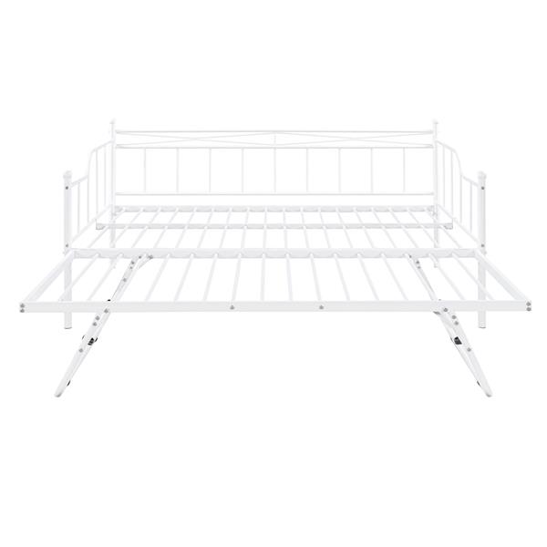 Full Size Metal Daybed with Twin Size Adjustable Trundle, Portable Folding Trundle, White