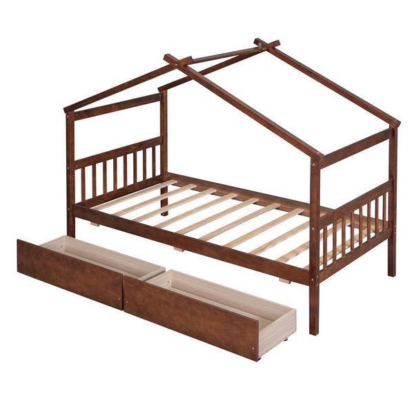 Twin Size Wooden House Bed with Drawers, Walnut