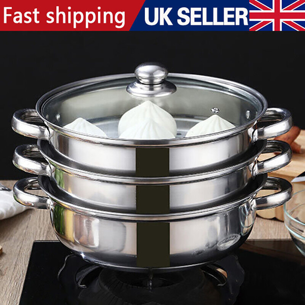 28CM 4PC STEAMER COOKER POT SET PAN COOK FOOD GLASS LIDS 3 TIER STAINLESS STEEL