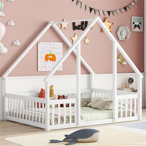 Full Wood House-Shaped Floor Bed with Fence, Guardrails,White