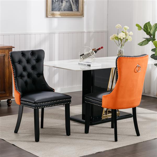 Furniture,Modern, High-end Tufted Solid Wood Contemporary PU and Velvet Upholstered Dining Chair with Wood Legs Nailhead Trim  2-Pcs Set，Black+Orange, SW2101BO