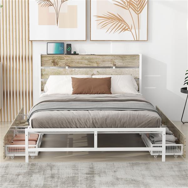 Metal Platform Bed With Four drawers, Sockets and USB Ports, Full, White