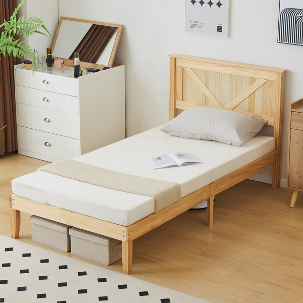 Twin Size Solid Wood Platform Bed Frame with Headboard Natural