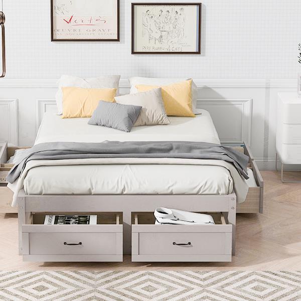 Full Size Platform Bed with 6 Storage Drawers,Antique White