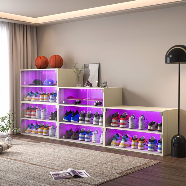 Off white Glass Door Shoe Box Shoe Storage Cabinet For Sneakers With RGB Led Light （1 Piece box）