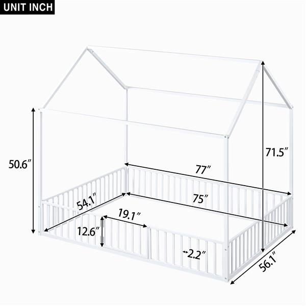 Full Size Metal House Bed with Fence and Door, White