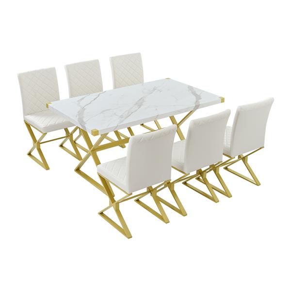 7-Piece Modern Dining Table Set, Rectangular Marble Texture Kitchen Table and 6 PU leather Chairs with X-Shaped ld Steel Pipe Legs for Dining Room (White)