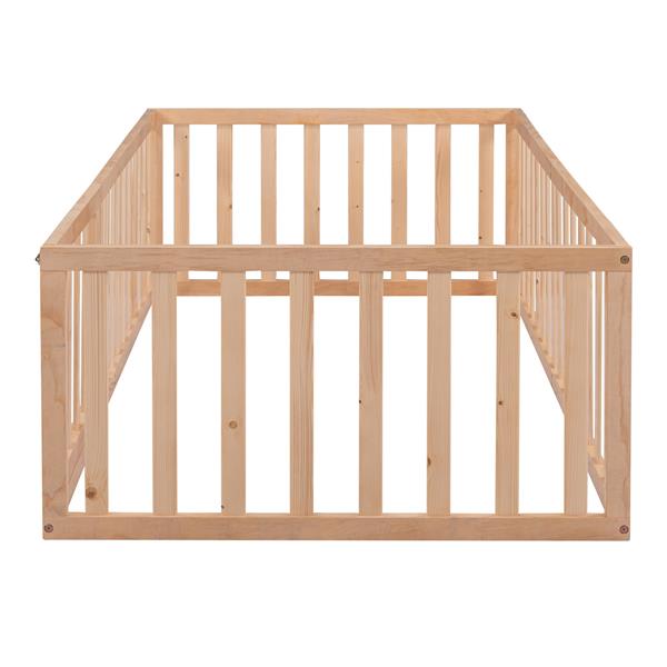 Twin Size Wood Floor Bed Frame with Fence and Door, Natural