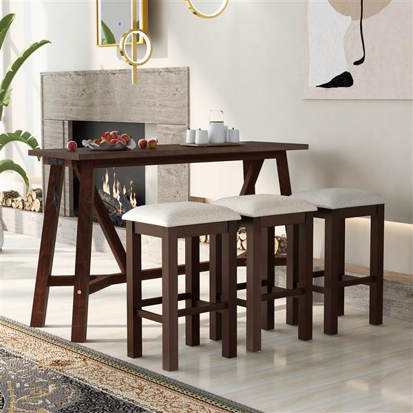 Multipurpose Home Kitchen Dining Bar Table Set with 3 Upholstered Stools(Dark Walnut)