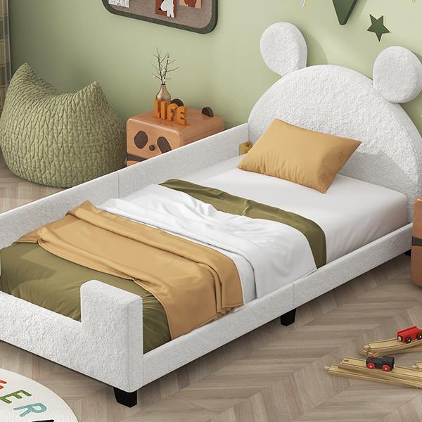 Teddy Fleece Twin Size Upholstered Daybed with Carton Ears Shaped Headboard, White