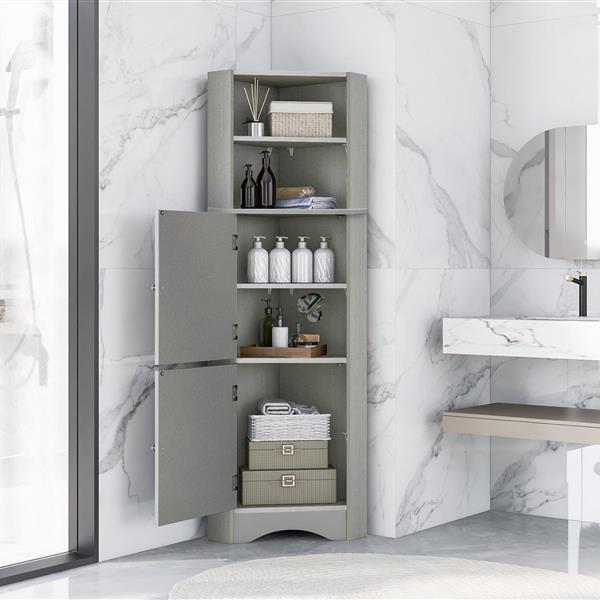 Tall Bathroom Corner Cabinet, Freestanding Storage Cabinet with Doors and Adjustable Shelves, MDF Board, Gray