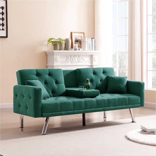 Dark Green Linen Convertible Sofa and Bed, Square Arm Armrests, Can Hold Water Cup, Two Pillow