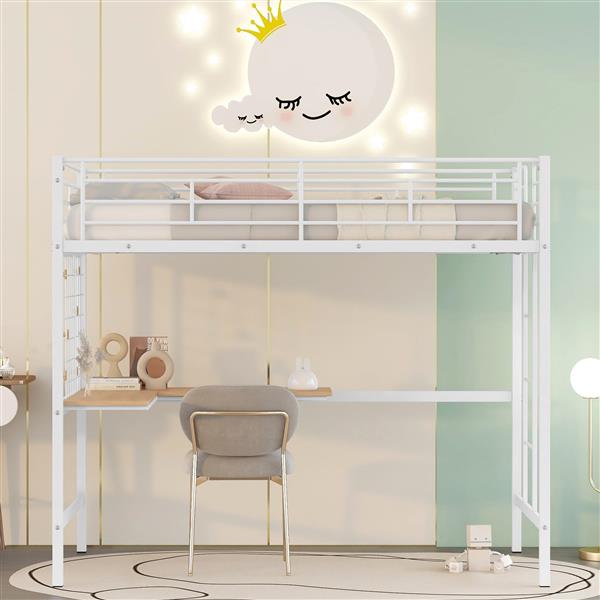 Twin Metal Loft Bed with Desk and Metal Grid,White