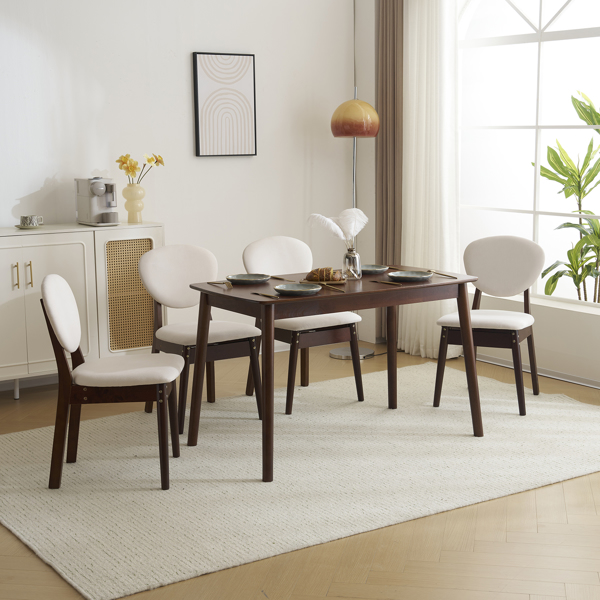 Rubber wood soft bag deep walnut dining table and chair set 1 table 4 chairs beige cushion rectangular