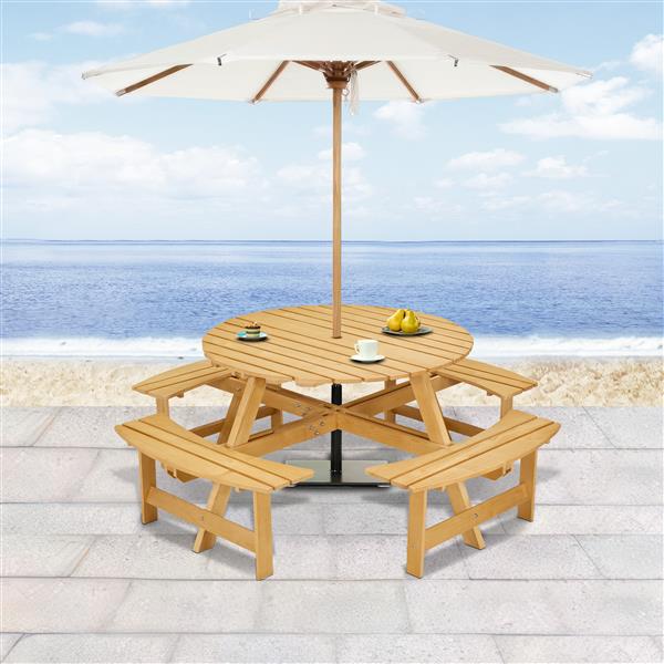 Outdoor 8 Person Picnic Table, 8 person Round Picnic Table with 4 Built-in Benches, Umbrella Hole, Outside Table and Bench Set for Garden, Backyard, Porch, Patio,  Natural