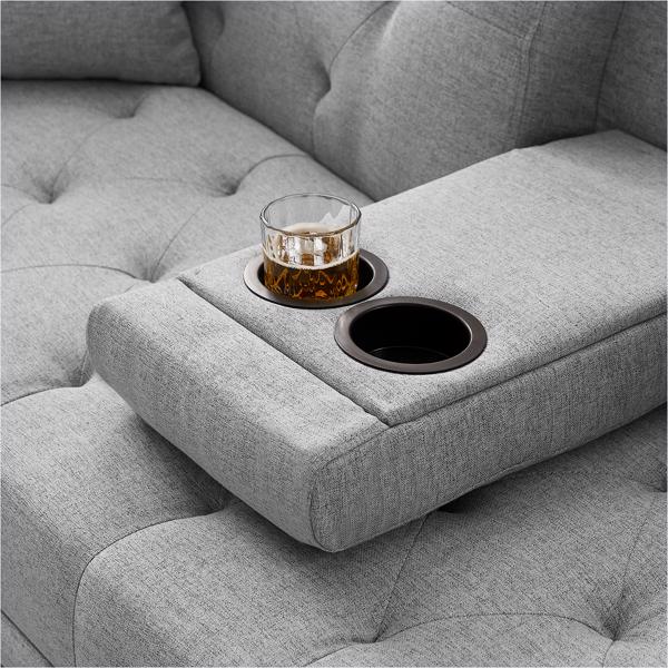 Grey Linen Convertible Sofa and Bed, Square Arm Armrests, Can Hold Water Cup, Two Pillow