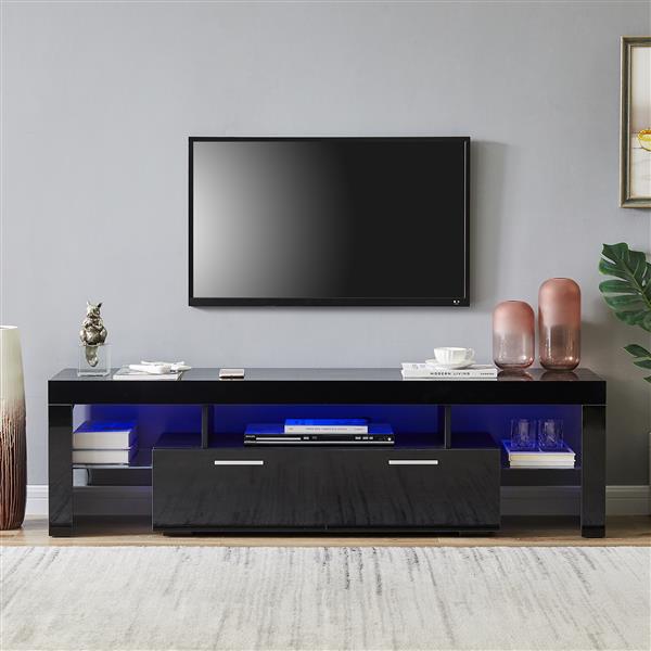 FashionTVstandTVcabinet,EntertainmentCenter,TVstationTV console,media console,with LEDlight belt,light belt remote control,toughenedglassshelf,metal handle,Canbeplaced in the living room,bedroom,black