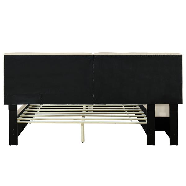 Queen Size Upholstered Platform Bed with Lateral Storage Compartments and Thick Fabric, Velvet, Beige