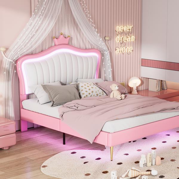 Full Size Upholstered Bed Frame with LED Lights,Modern Upholstered Princess Bed With Crown Headboard,White+Pink