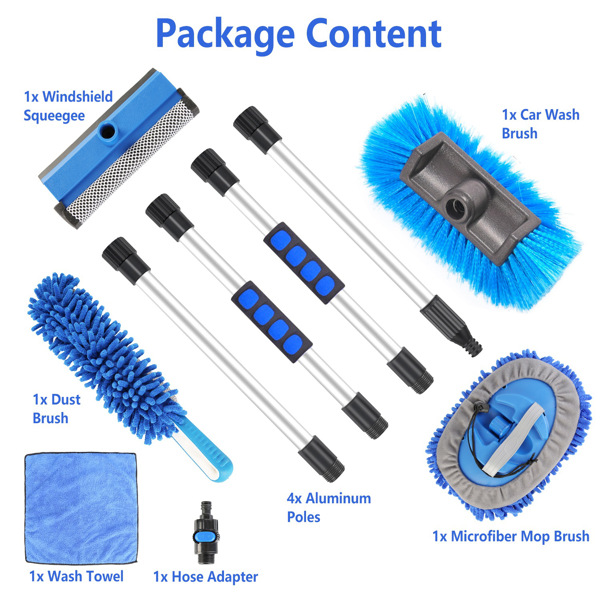 5Pcs Car Cleaning Brush Kit 61in Detachable Long Handle Soft Microfiber Mop Brush Mitt Windshield Squeegee Duster Towel Wheel Tier Brush Hose Adapter For Car RV Truck Boat