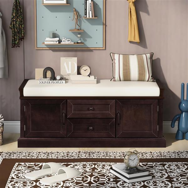 Storage Bench with 2 Drawers and 2 Cabinets, Shoe Bench with Removable Cushion for Living Room, Entryway (Espresso)