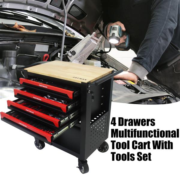 4 DRAWERS MULTIFUNCTIONAL TOOL CART WITH TOOL SET AND WOODEN TOP