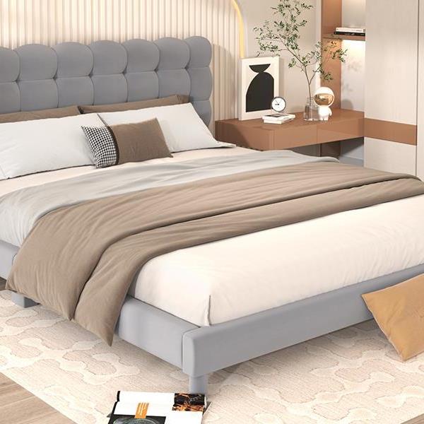 Queen Size Upholstered Platform Bed with Soft Headboard,Gray