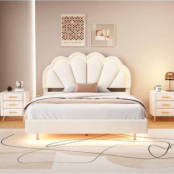 Full Upholstered Smart LED Bed Frame with Elegant Flowers Headboard,Floating Velvet Platform LED Bed with Wooden Slats Support,Beige