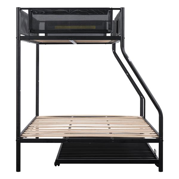 Twin over Full Metal Bunk Bed with Trundle/ Sturdy Metal Bed Frame/ Noise-Free Wood Slats/ Comfortable Textilene Guardrail/ Space-saving Trundle/ Bunk Bed for Three/ No Box Spring Needed