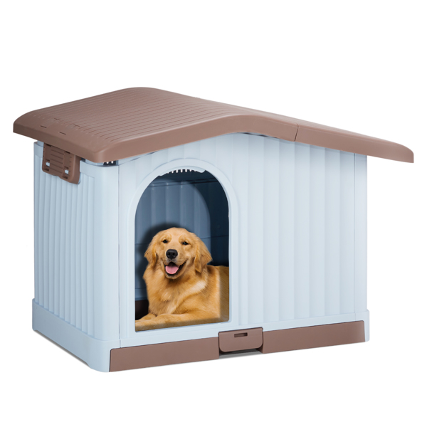 34 inch Large Plastic Dog House with Liftable Roof, Indoor Outdoor Doghouse Puppy Shelter with Detachable Base and Adjustable Bar Window, Brown & White