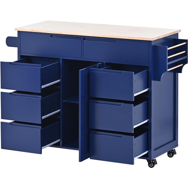 Kitchen Cart with Rubber Wood Countertop , Kitchen Island has 8 Handle-Free Drawers Including a Flatware Organizer and 5 Wheels for Kitchen Dinning Room, Dark Blue