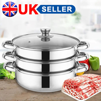 28CM 4PC STEAMER COOKER POT SET PAN COOK FOOD GLASS LIDS 3 TIER STAINLESS STEEL