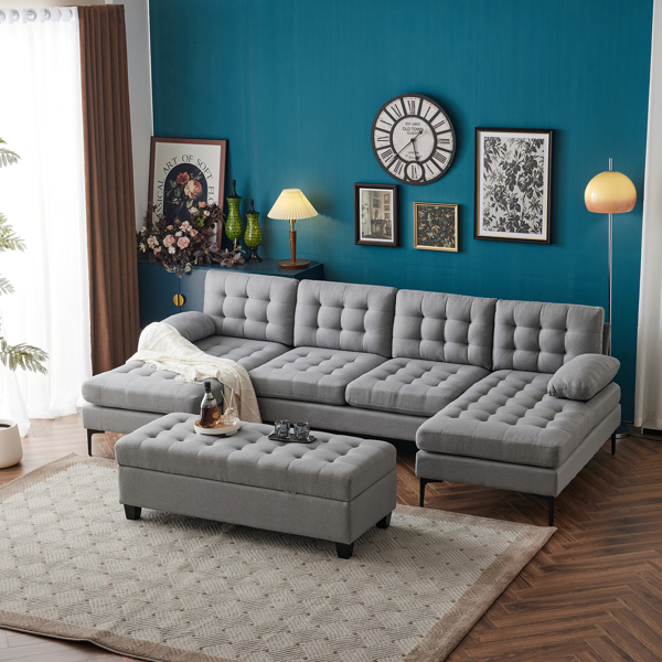 110 inch Sleeper Sectional Sofa Set with Storage Ottoman, U-Shaped 4-Seat Sofa Couch for Living Room, Light Grey ﻿