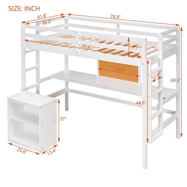 Twin size Loft Bed with Desk and Writing Board, Wooden Loft Bed with Desk & 2 Drawers Cabinet- White