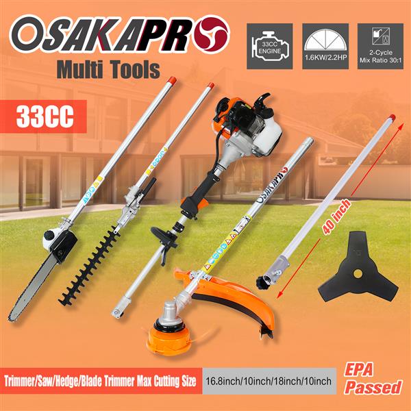 10 in 1 Multi-Functional Trimming Tool, 33CC 2-Cycle Garden Tool System with Gas Pole Saw, Hedge Trimmer, Grass Trimmer, and Brush Cutter EPA Compliant