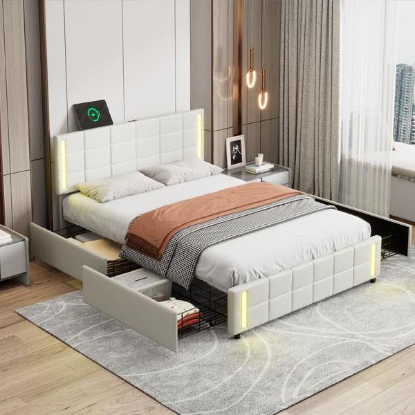 Queen Size Upholstered Platform Bed with LED Lights and USB Charging, Storage Bed with 4 Drawers, White